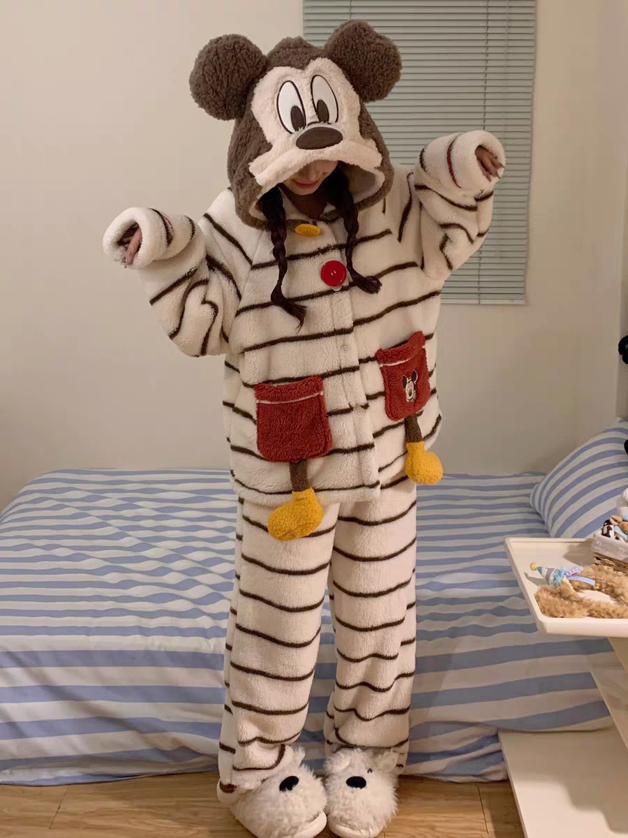 【男女同款】可爱米奇珊瑚绒睡衣女冬季加绒加厚卡通可外穿保暖套装