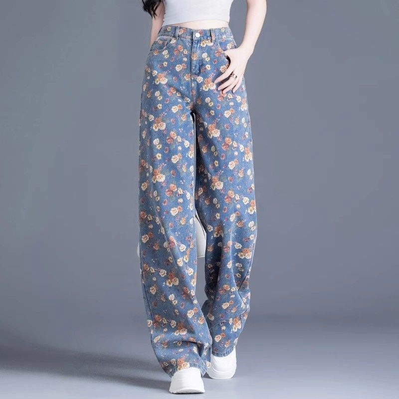 小碎花印花牛仔裤女2025春夏新款时尚潮流复古百搭ins休闲阔腿裤