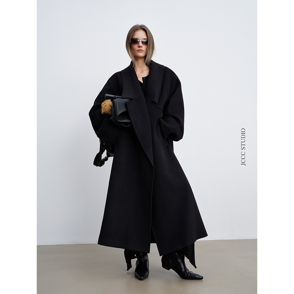 JCCC影子【琥珀/廓形之影】黑色绵羊毛大翻领廓形长款大衣JE4FMD27