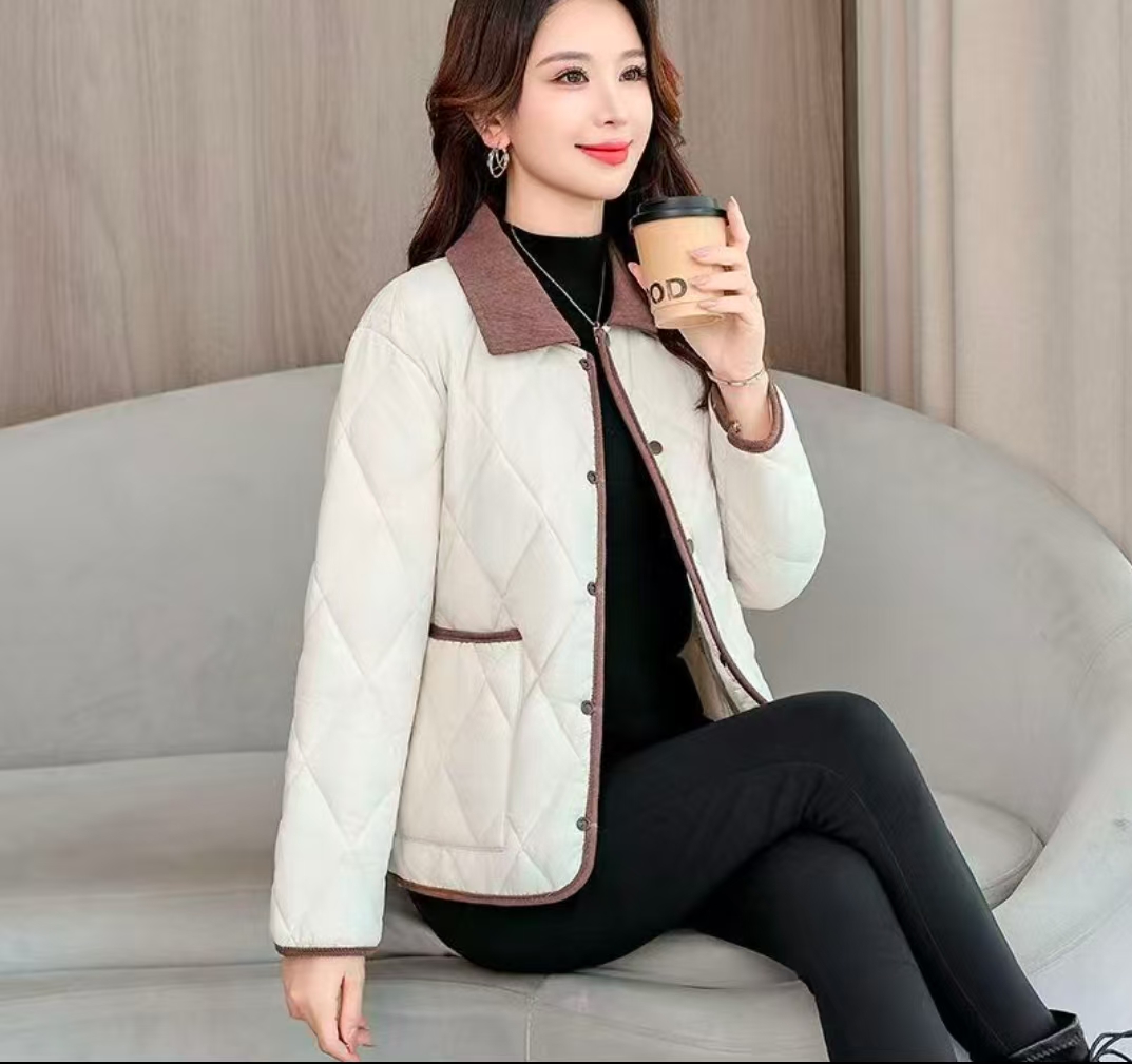 2026新款秋冬时尚百搭宽松款女士轻薄撞色翻领宽松韩版直筒棉服