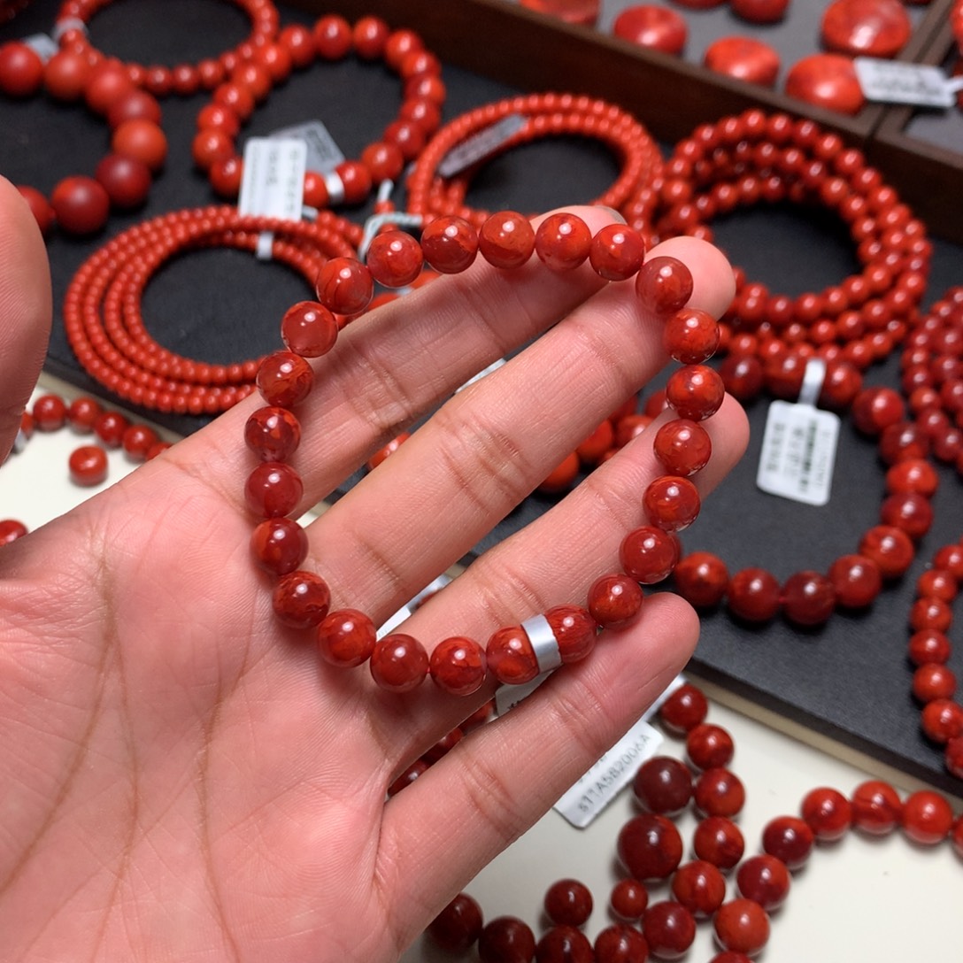 南红玛瑙未镶嵌手串7.6mm+火焰圆珠手串