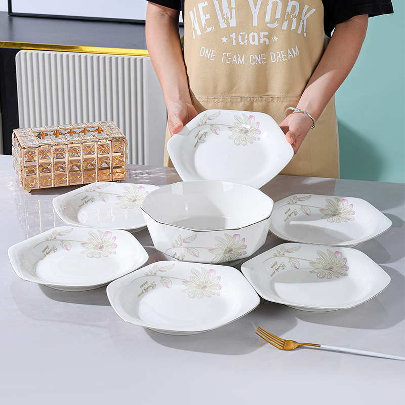 春暖花开六角盘7件套欧式餐具套装家用泡面碗汤碗欧式极简风格