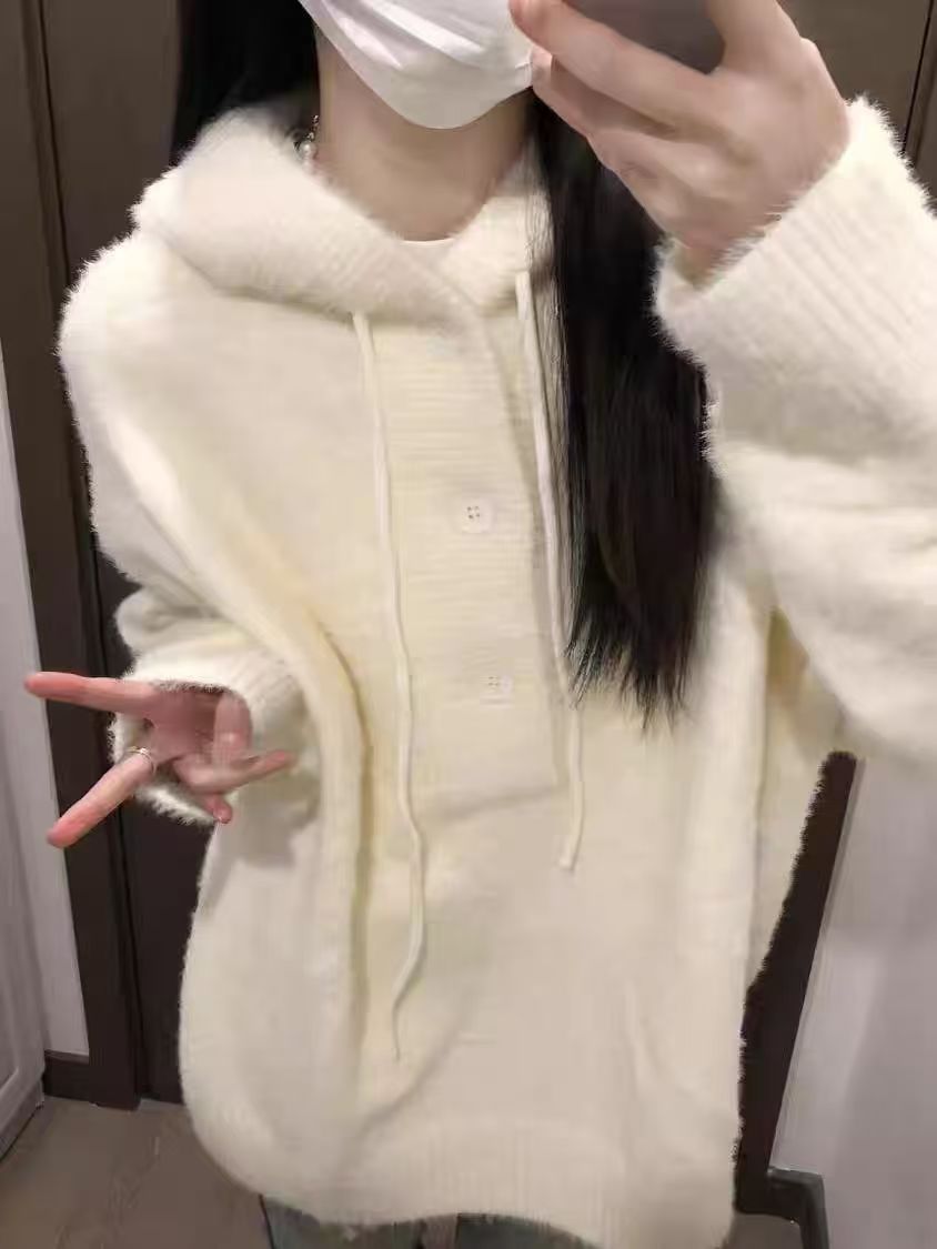 白色连帽套头软糯慵懒风毛衣开衫女冬季韩系柔软亲肤宽松上衣外套