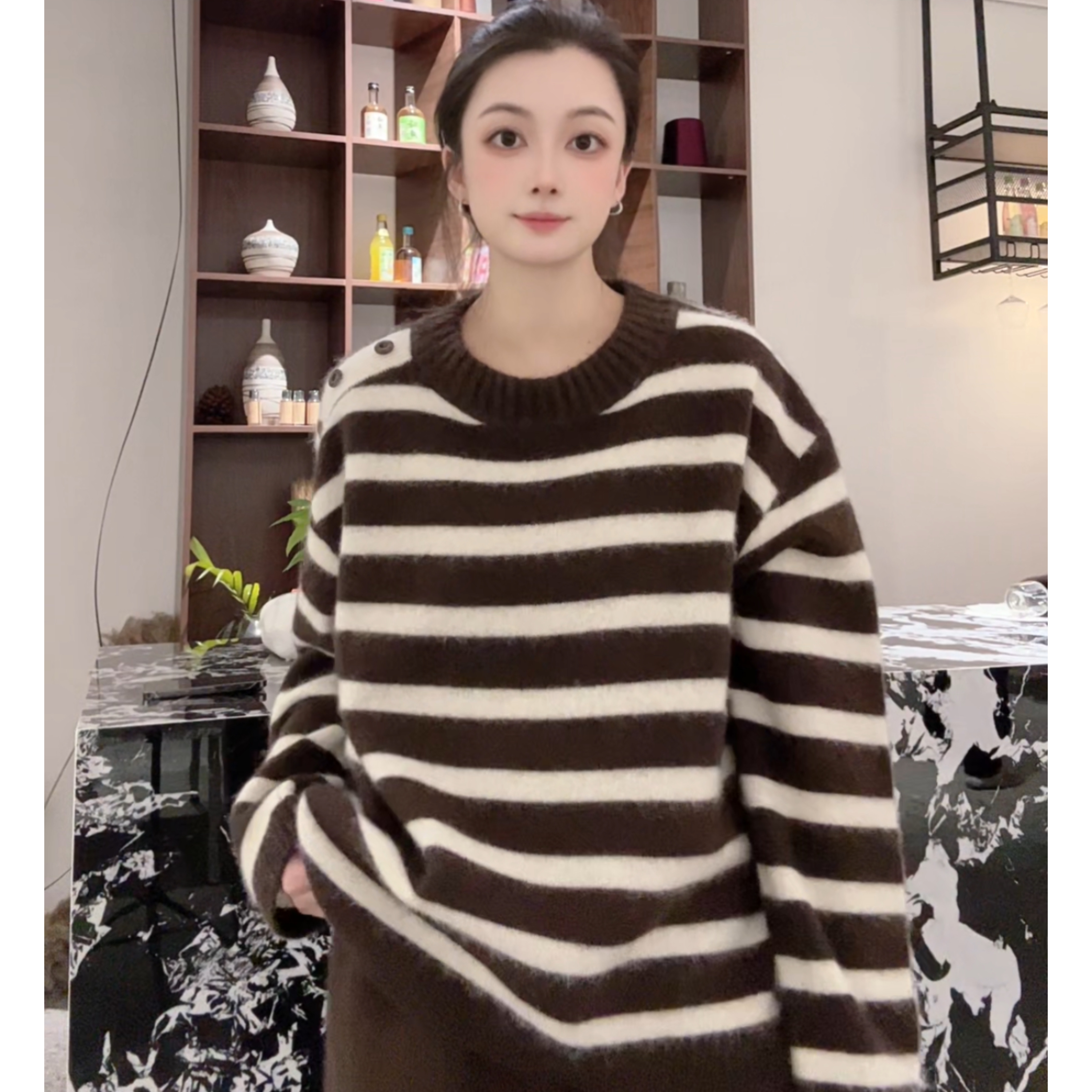 条纹衫【80%牦牛绒 20%羊毛】宽松百搭女士时尚针织衫25281