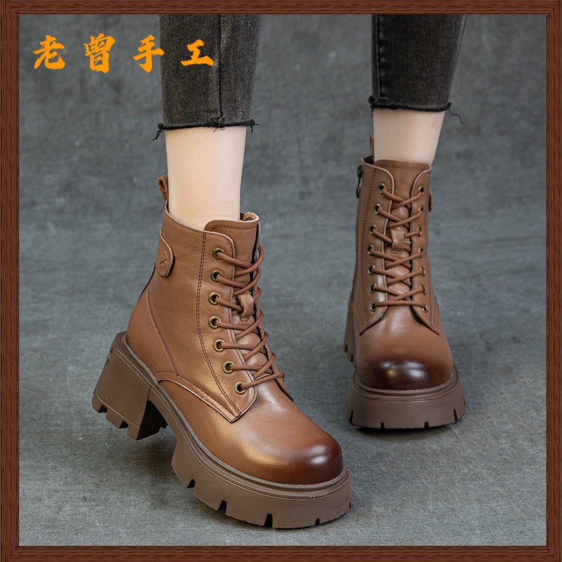 老曾手工头层牛皮厚底高跟马丁靴女2025秋冬新款英伦风粗跟短靴女
