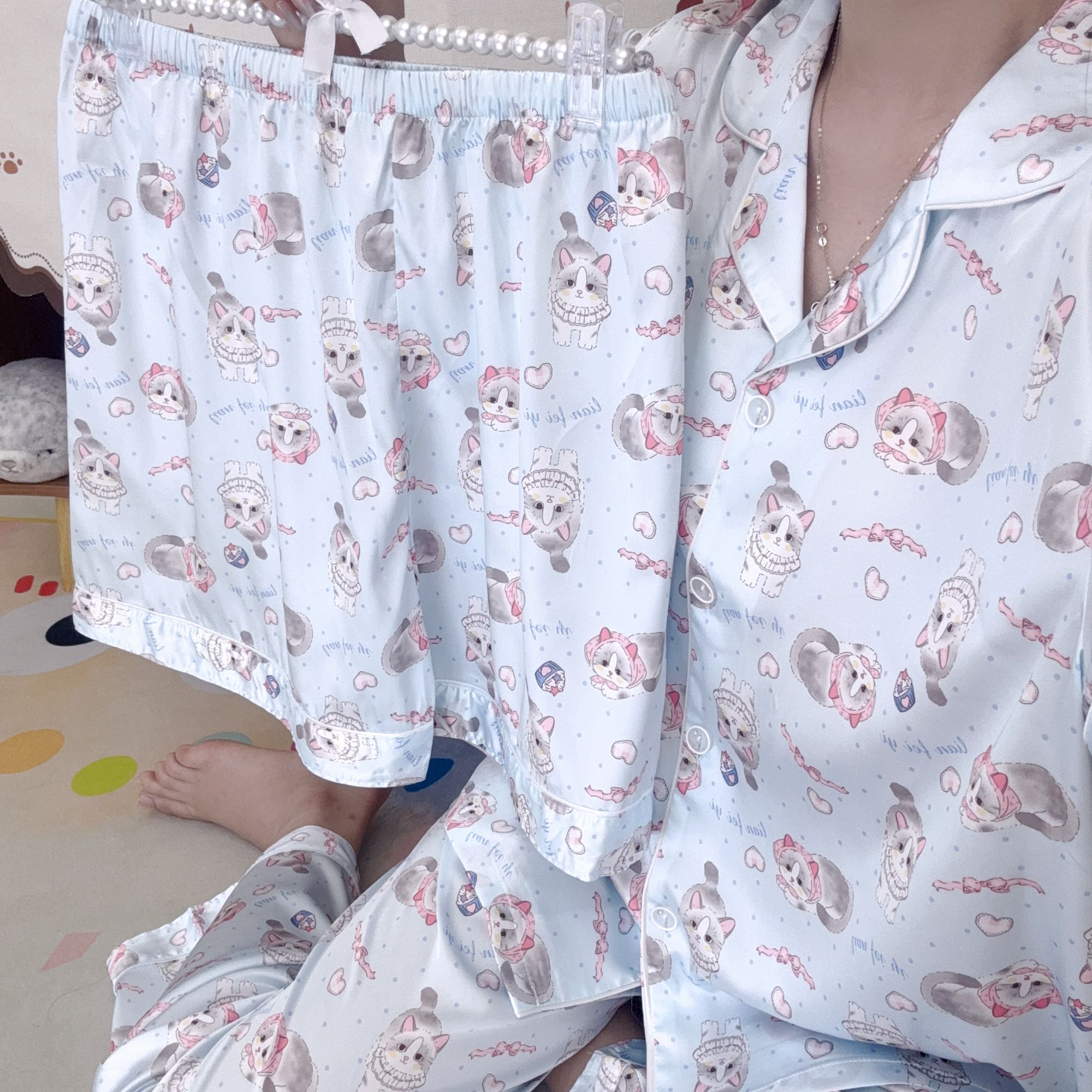 【甜心女孩】新款冰雪丝高级品质短袖长裤短裤三件套冰丝女家居服