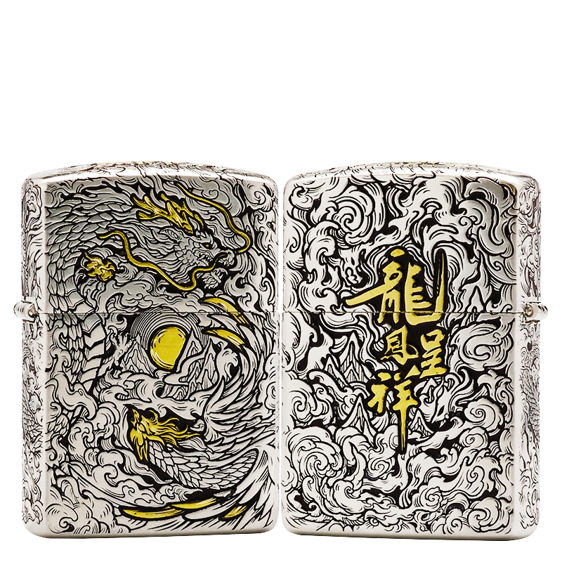 ZIPPO/之宝镀银鎏金【龙凤呈祥】盔甲机正品煤油打火机KF-DF