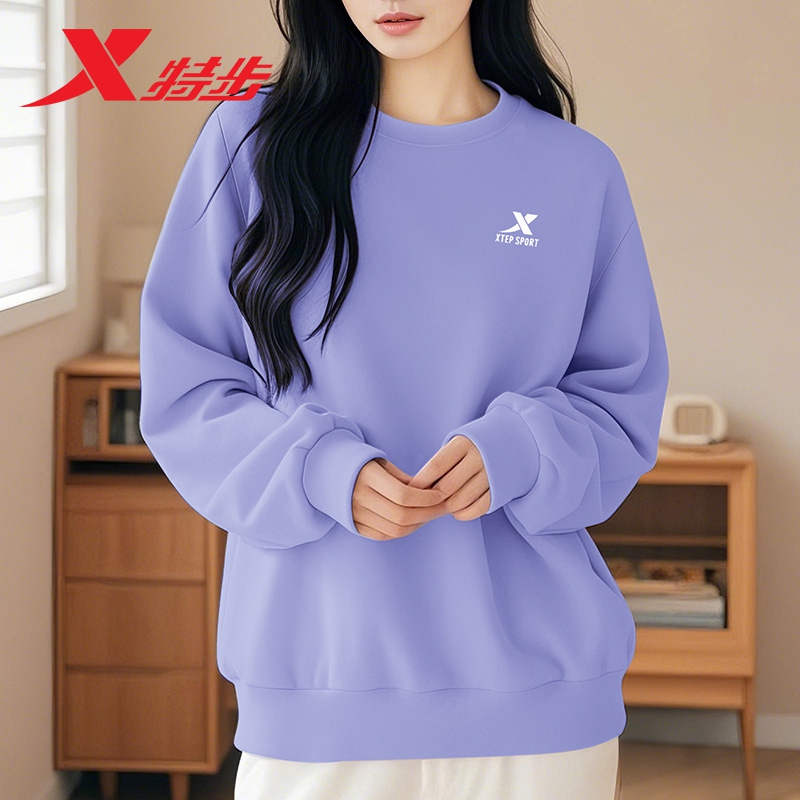 特步女卫衣纯色保暖春季新款圆领官方旗舰正品春秋运动长袖上衣女