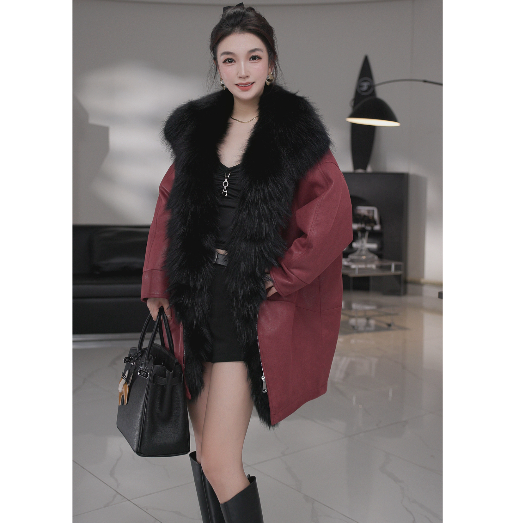 【Kang杨专属】气质女神高级时尚中长款貉子毛大翻领鹅绒服皮草