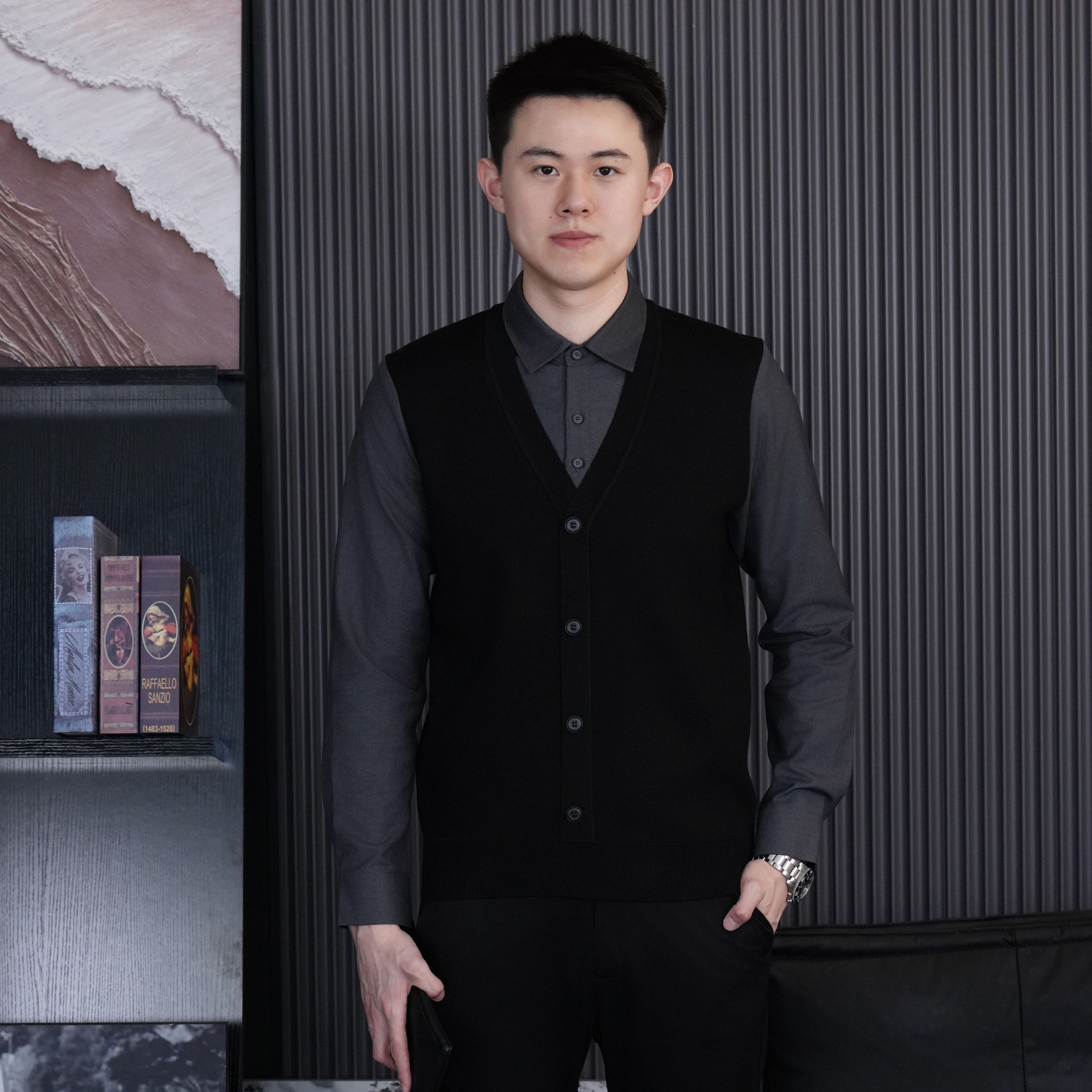 【高品质】轻奢V领假两件针织衫商务休闲修身百搭打底衬衫毛衣