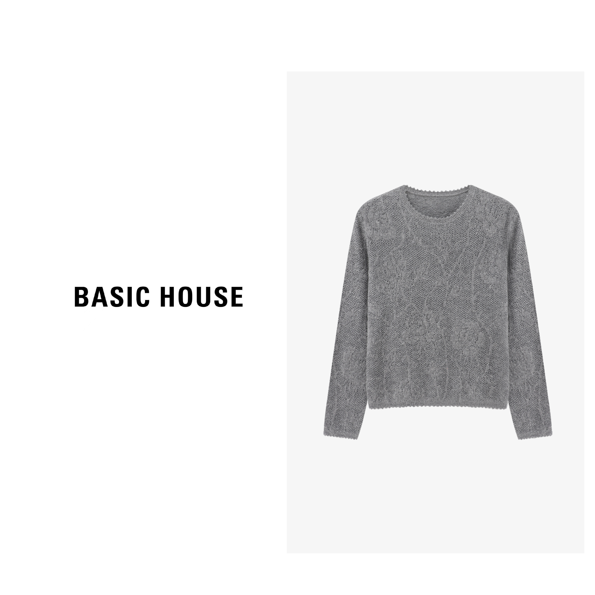 Basic House/百家好长袖针织休闲百搭宽松灰色针织衫-B0625B5QQQ2