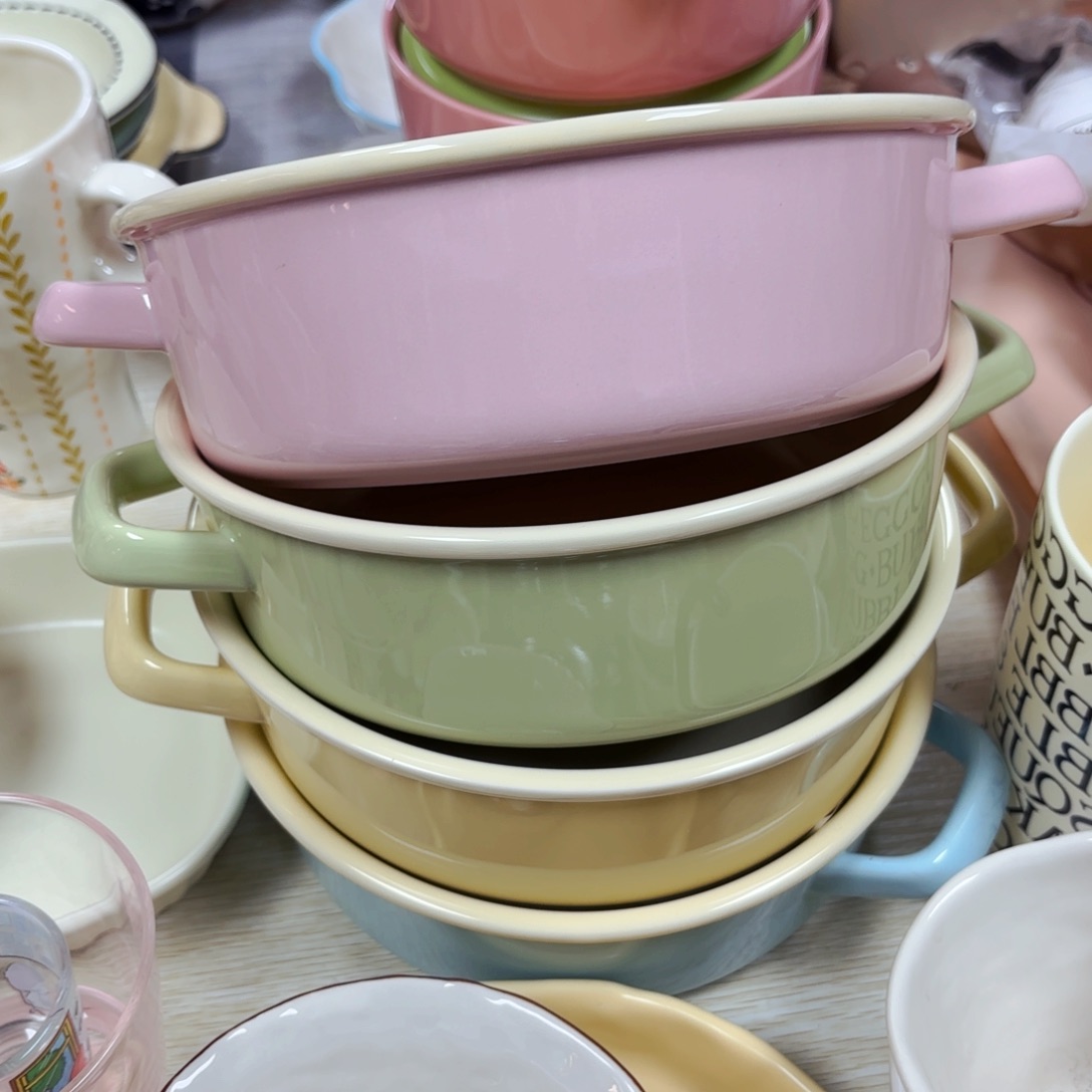 白瓷双耳十寸法兰彩汤盆粉色