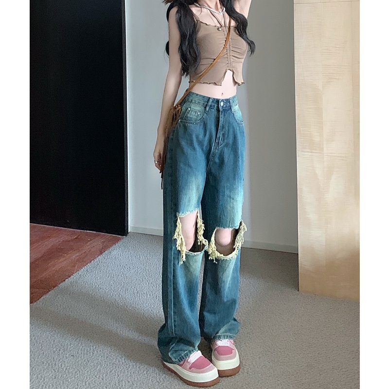 复古蓝破洞牛仔裤女高腰直筒春秋新款薄款大码胖mm宽松显瘦阔腿裤