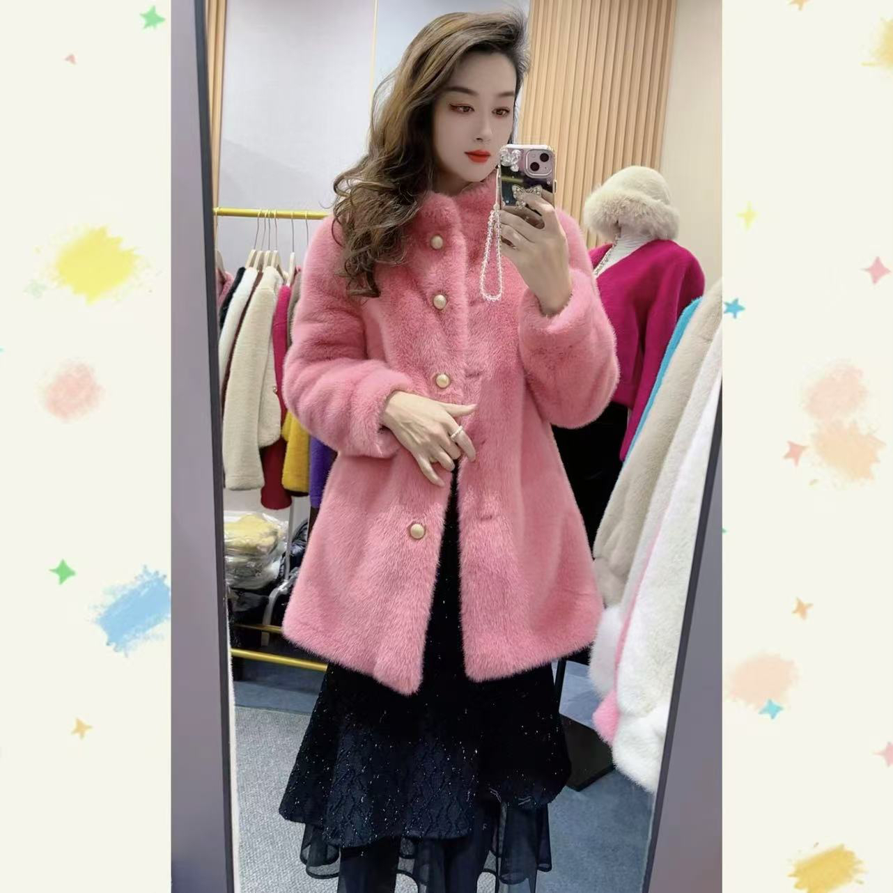 立领欧貂绒中长款外套轻奢气质大衣女宽松百搭珍珠扣（2）时尚