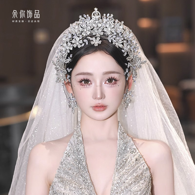 主婚纱新娘重工皇冠高级感锆石花朵双层公主王冠结婚礼服大气头饰
