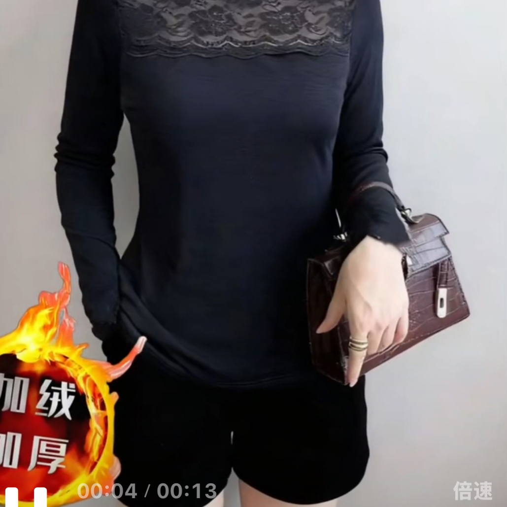 半高领蕾丝长袖镂空拼接网纱花边保暖百搭秋冬打底衫