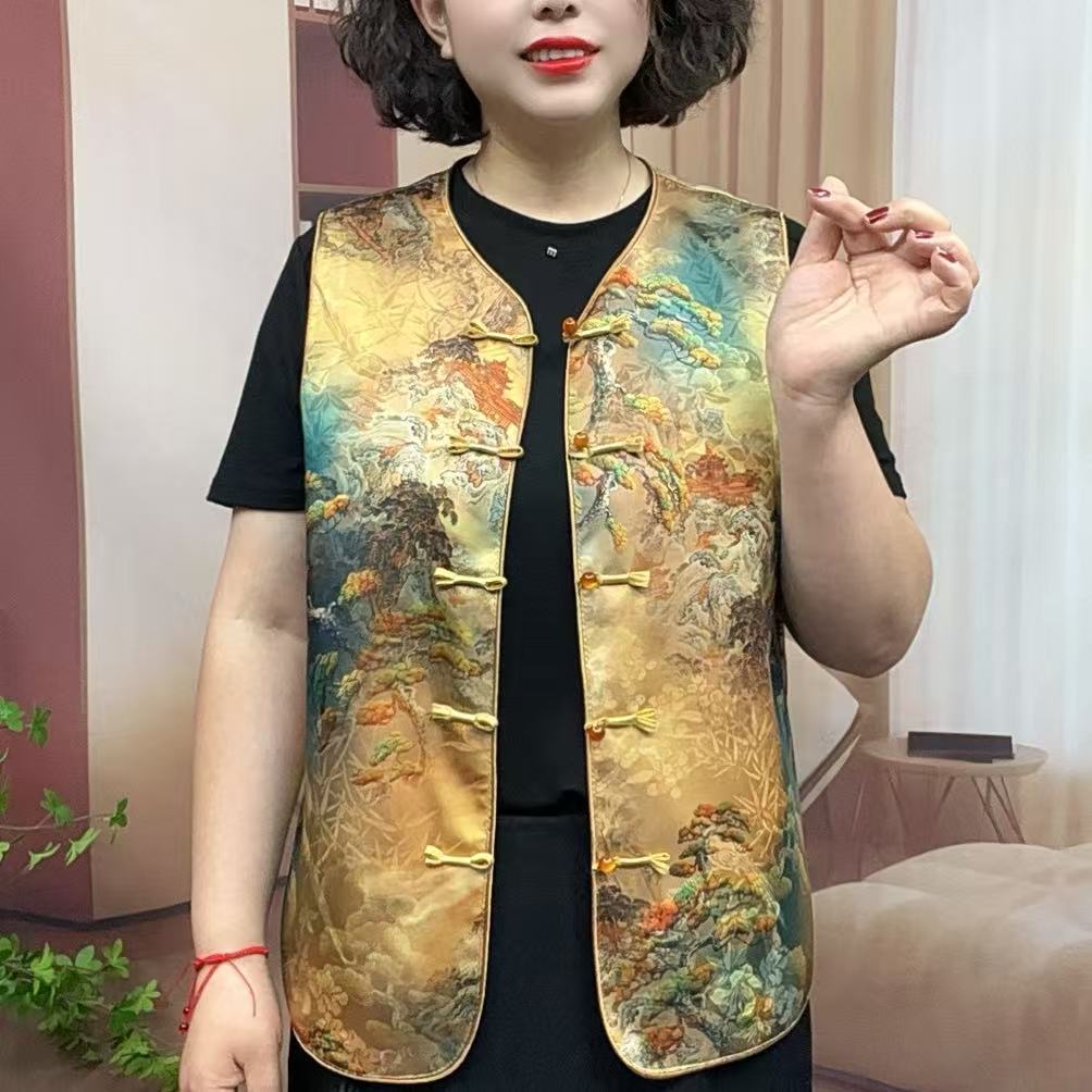 新中式国风马甲复古坎肩背心盘扣立体花马夹高端缎面夏女无袖上衣