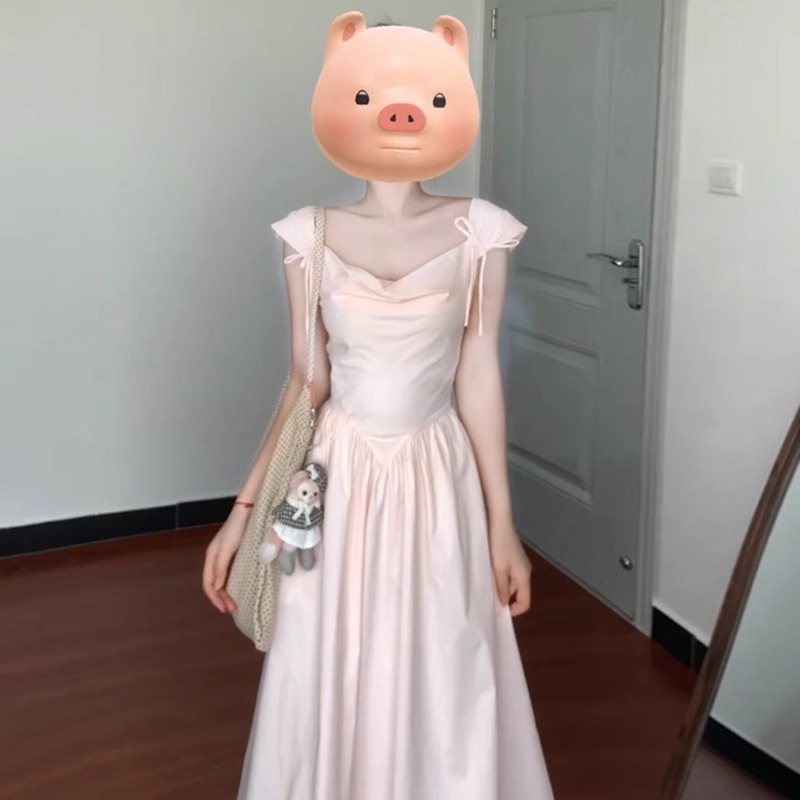 法式粉色荡领连衣裙子女夏2025年新款独特漂亮绝美小飞袖长裙3530