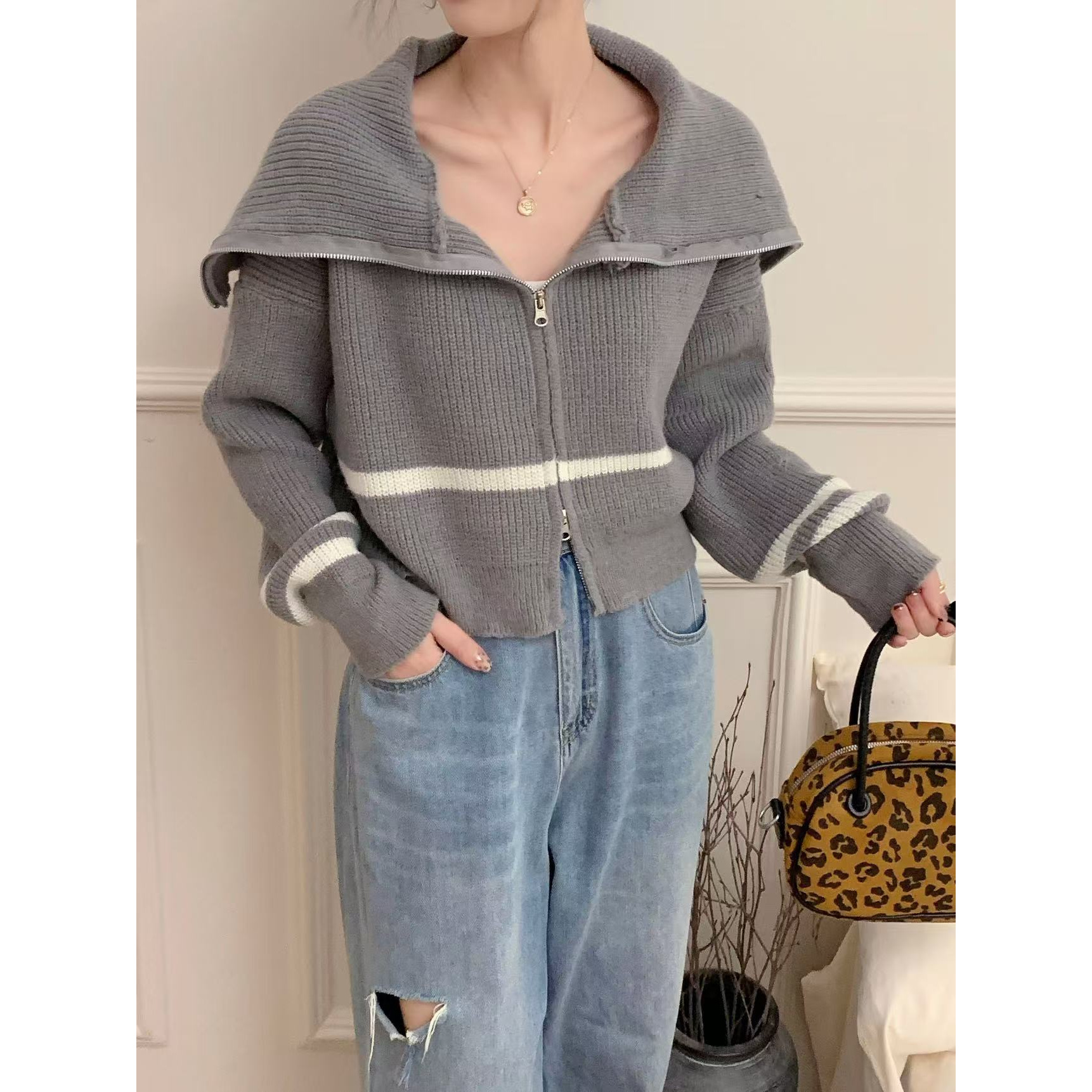 2215 毛衣外套女开衫秋冬季韩系大翻领拉链慵懒软糯宽松针织衫