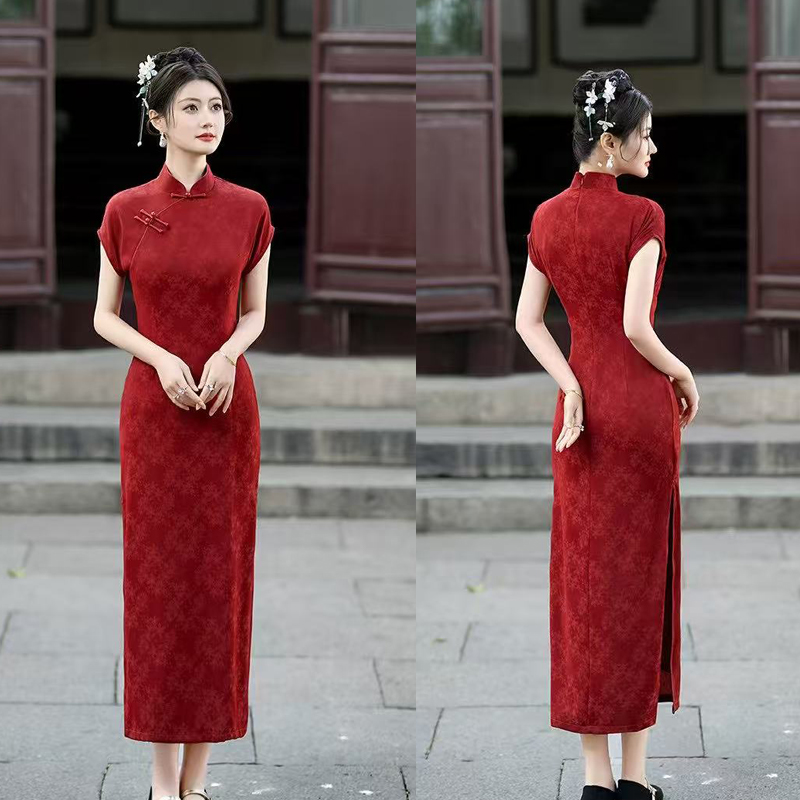 改良旗袍裙日常中国风夏季无袖长旗袍新中式斜襟大码长款短袖旗袍