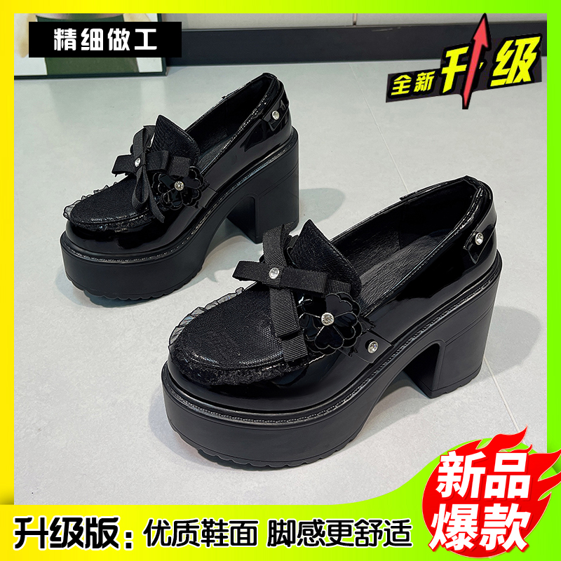 高跟水钻蝴蝶结春季单鞋乐福鞋优质粗跟黑色秋季