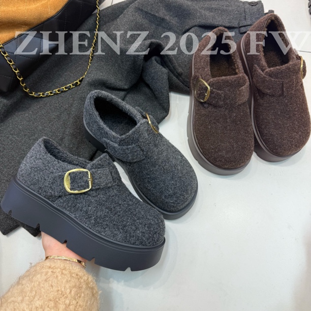 ZHENZ—厚底增高5CM灰色加绒勃肯棉鞋女秋冬新款毛呢鞋小个子保暖