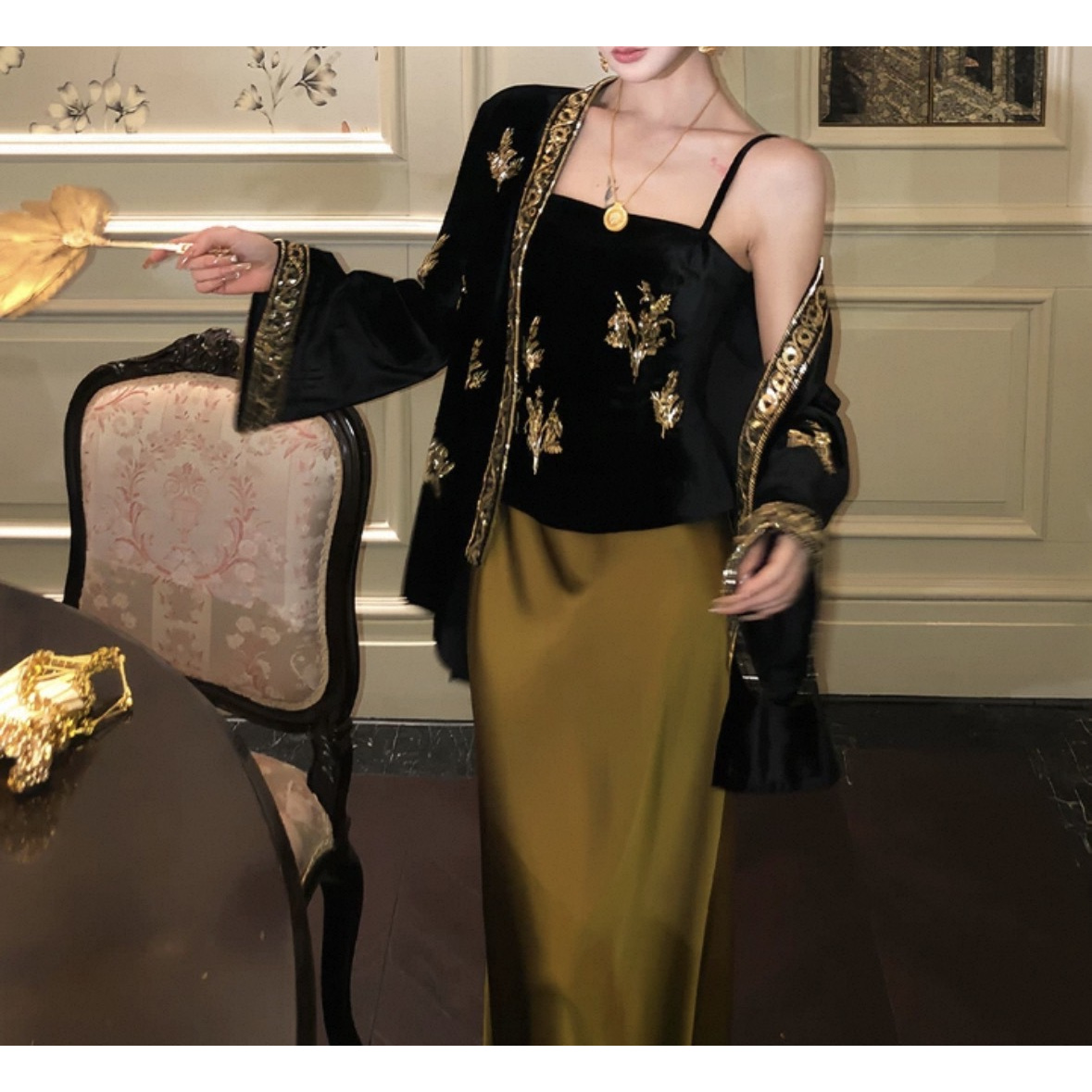 【墨研秋华】新中式国风女刺绣珠绣外套套装