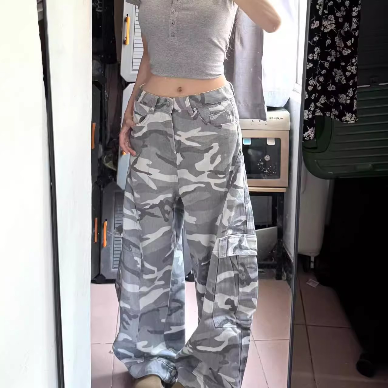 美式高街Vibe灰白迷彩水洗阔腿弯刀牛仔裤男女小众宽松直筒裤子潮