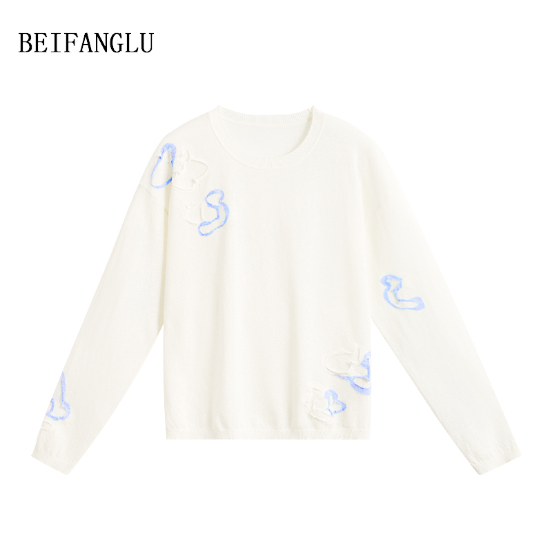 北方鹿【夏日蓝色花朵】清爽透气亚麻薄款女士透感防晒针织衫30047