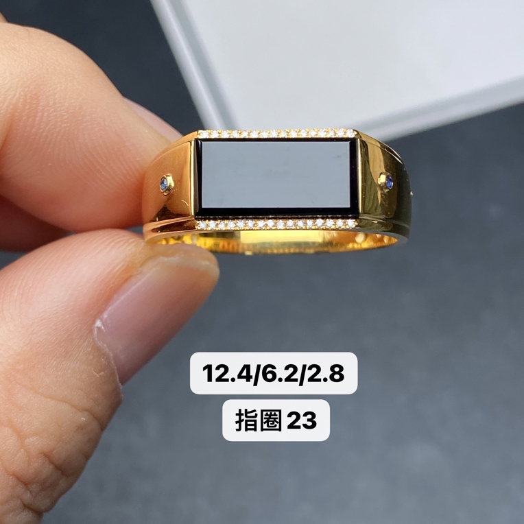 墨翠戒指 18k黄金南非钻镶嵌 