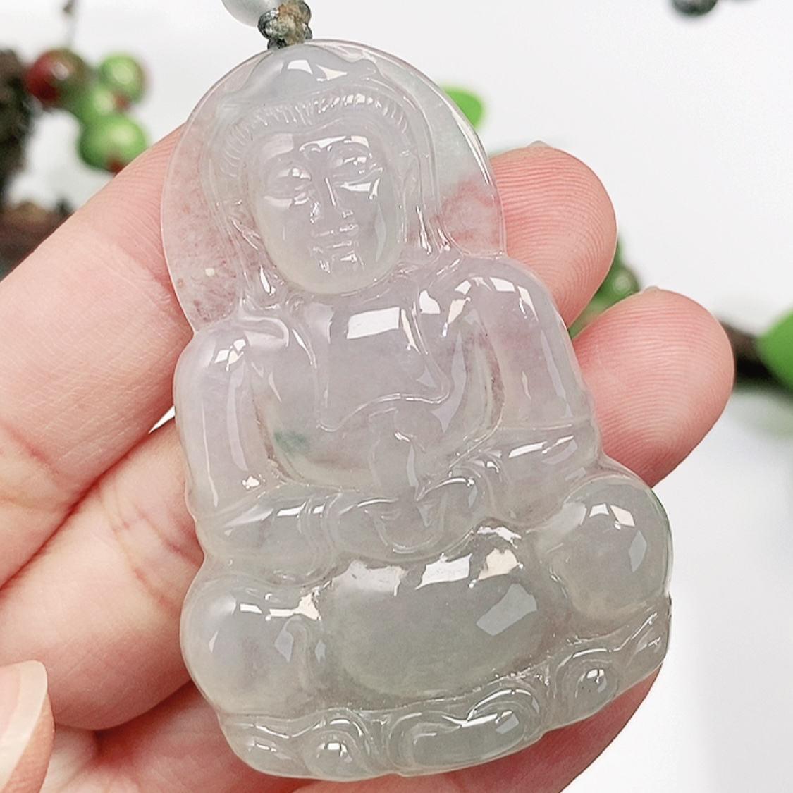 冰种飘花观音 缅甸天然翡翠A货 54-37-5.6mm