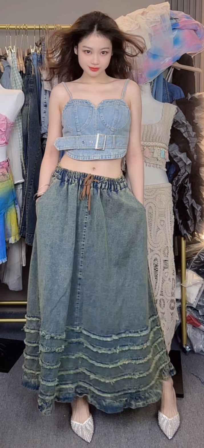 复古毛边A字裙牛仔半身裙