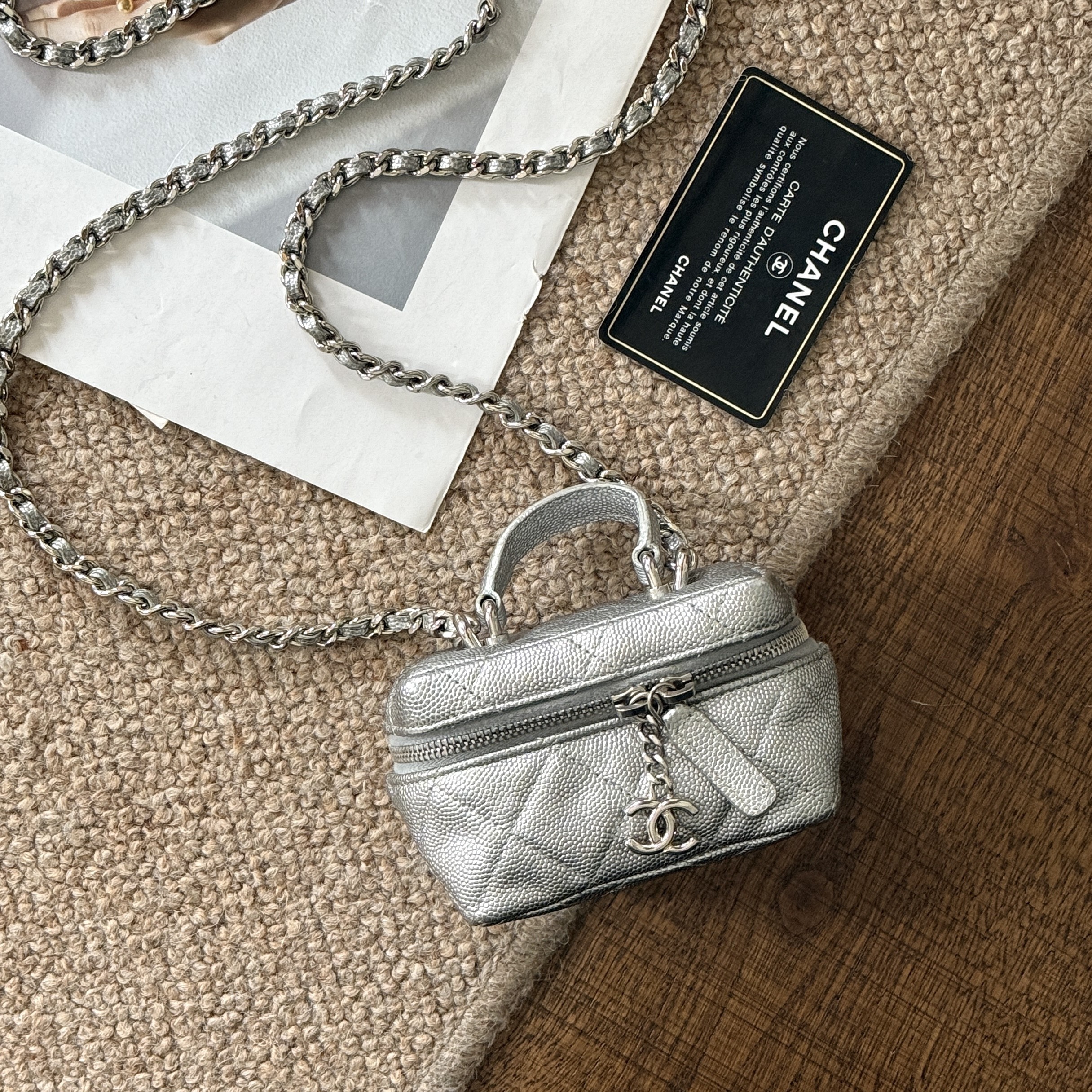 95新 Chanel/香奈儿 Azul-21S银色荔枝皮vanity小盒子链条包40200