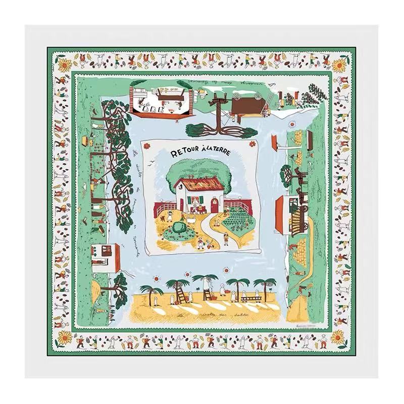 赞赞家【回归田园】90丝巾俏皮插画风真丝百搭高级优雅旅游外搭披肩