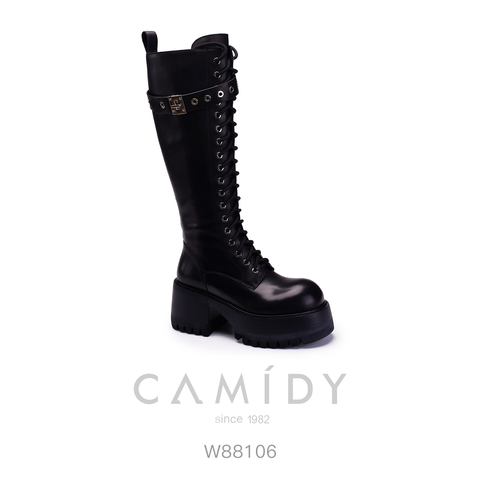 CAMIDY 厚底复古绑带骑士靴 W88106-1
