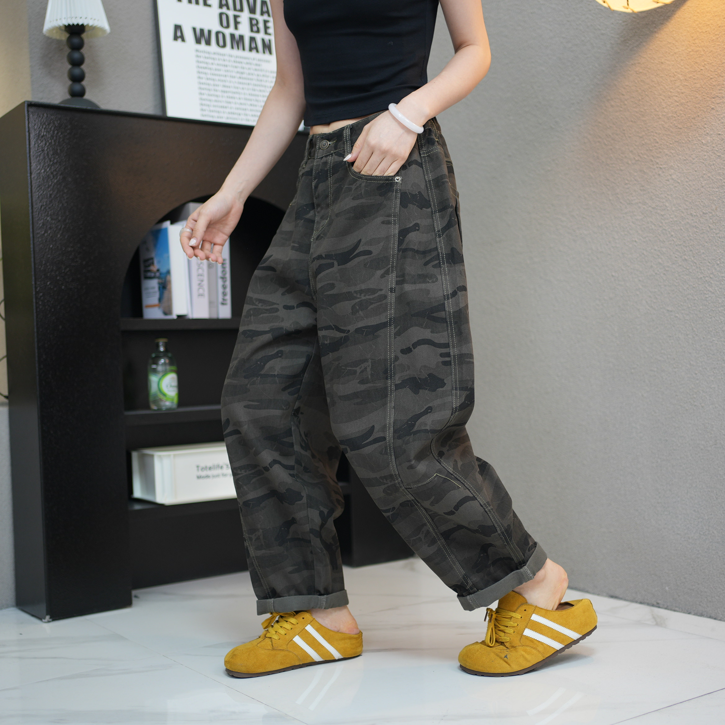 秋季25809老爹裤弹力哈伦显瘦百搭女士牛仔高腰韩版宽松长裤复古