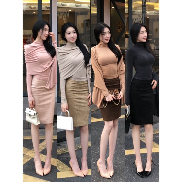 希野逸儿【经典百搭】鹿麂皮绒高腰后开叉半身裙包臀显瘦一步裙女