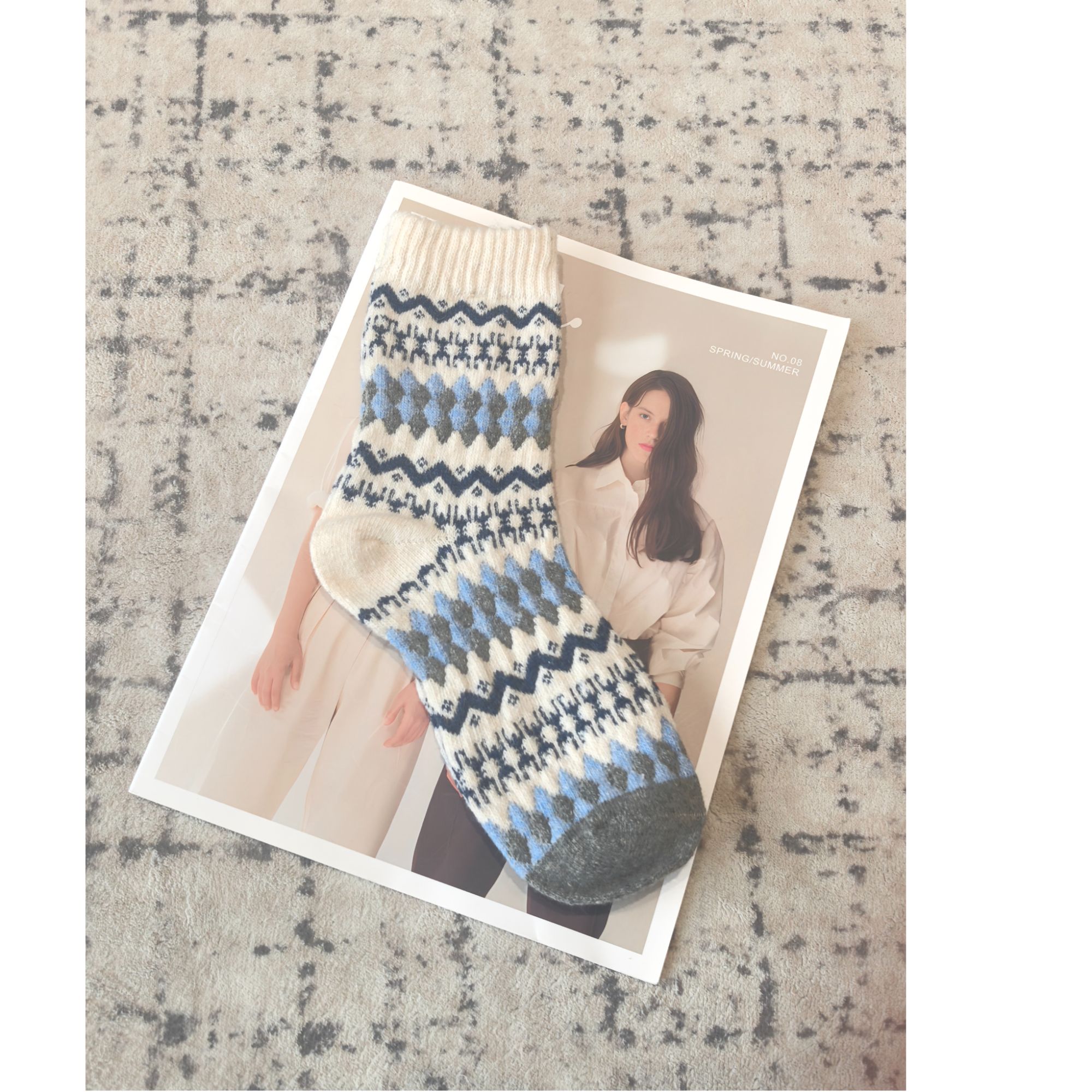 《An ni》秋冬新品潮牌时尚圣诞费尔岛羊毛保暖针织中筒袜Ani-D061