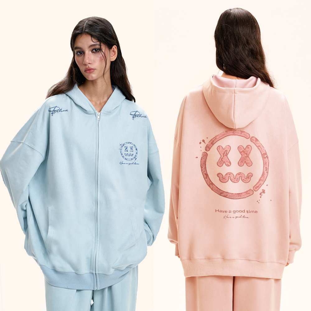 小恶魔豹纹笑脸仿麂皮开衫男女情侣秋季潮流休闲百搭连帽衫外套