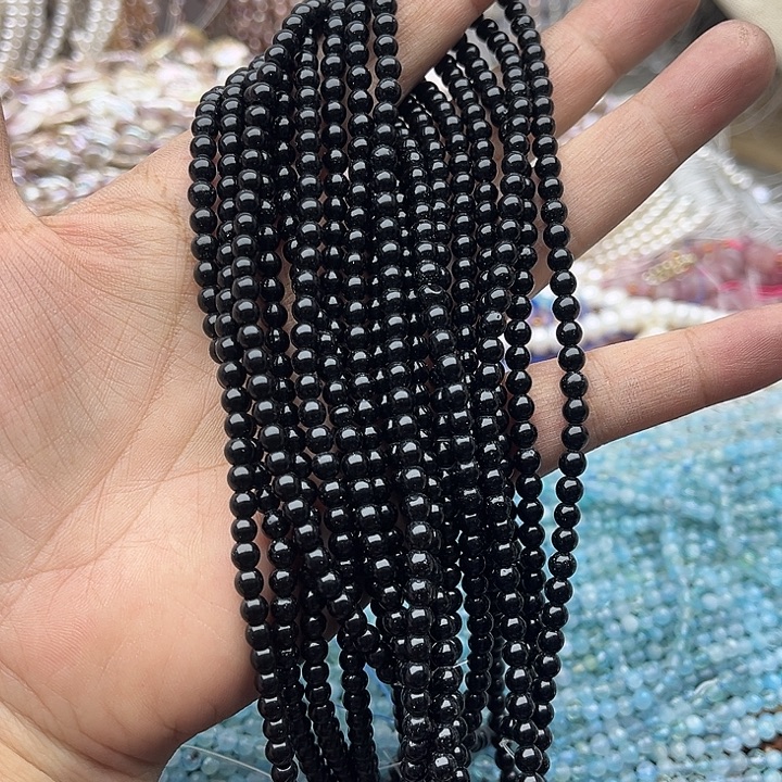 玛瑙/玉髓未镶嵌珠宝半成品2条4mm左右黑玛瑙