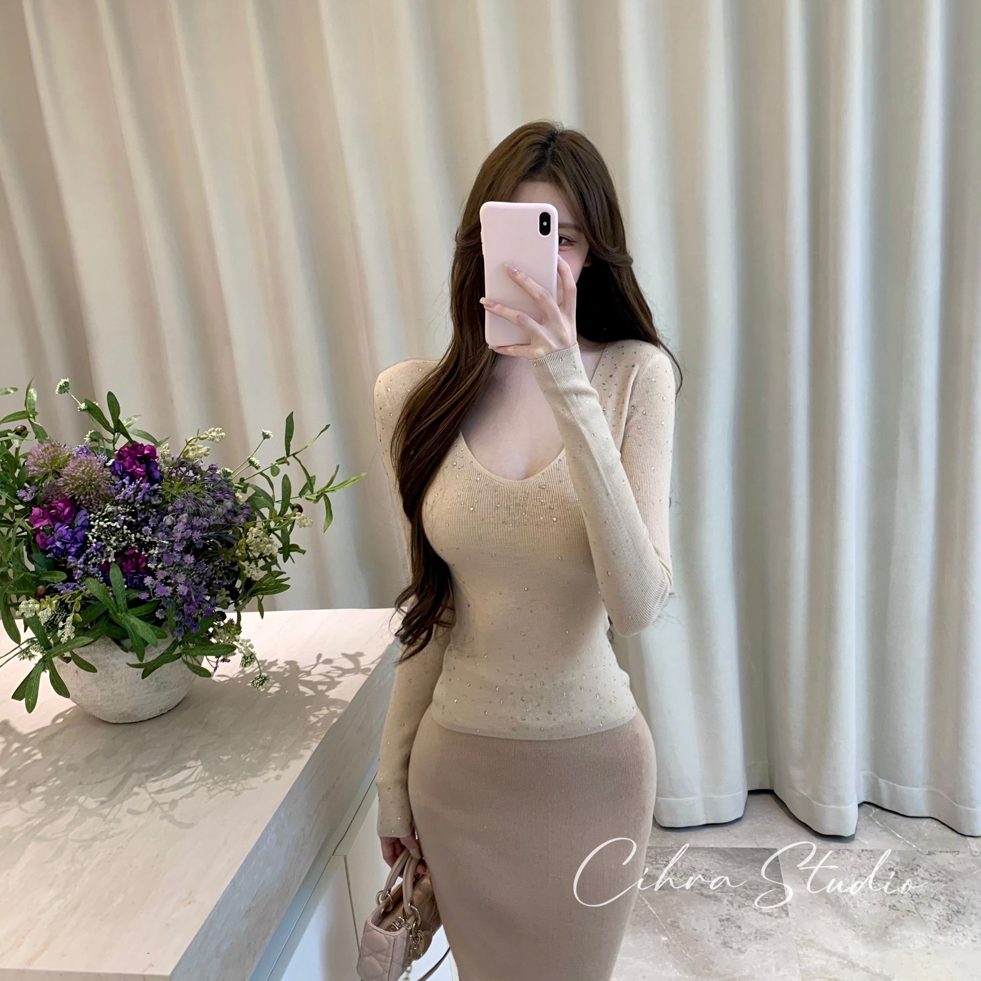 Cihra【满天星】渐变羊毛烫钻显瘦显身材修身高弹打底长袖上衣