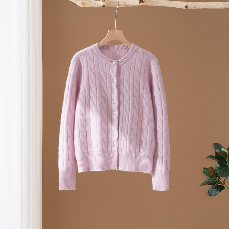 山羊绒圆领麻花开衫珍珠扣加厚针织衫女纯色气质秋冬通勤毛衣外套