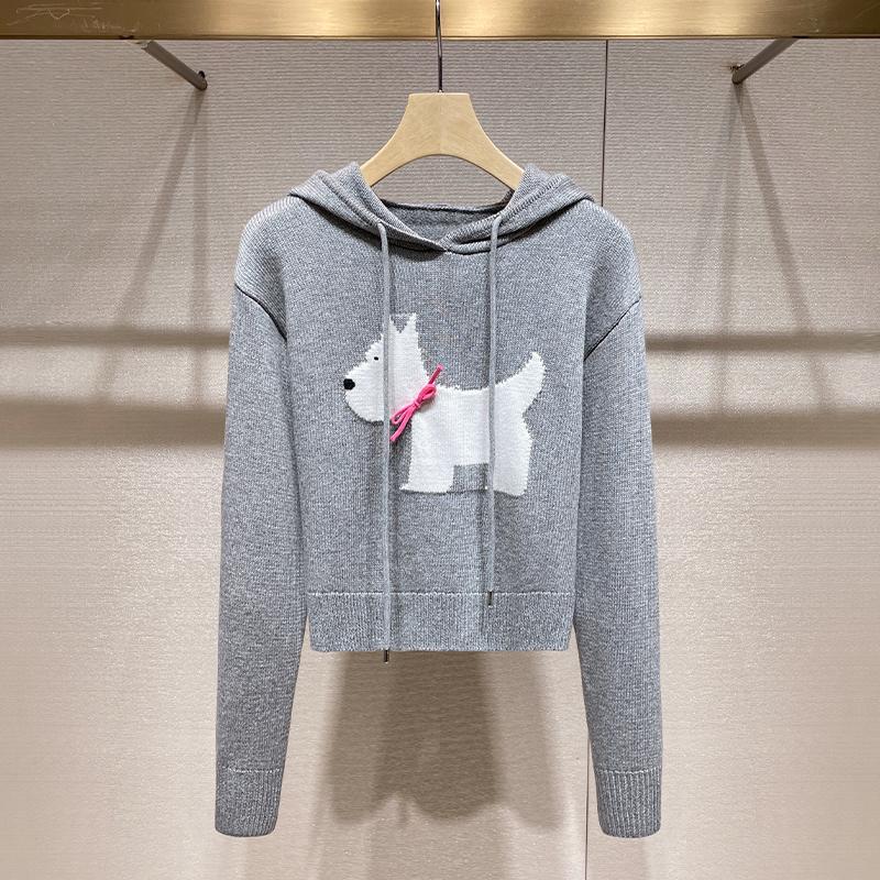 连帽针织毛衫2025秋冬新款蝴蝶结小狗提花毛衣小个子内搭卫衣上衣