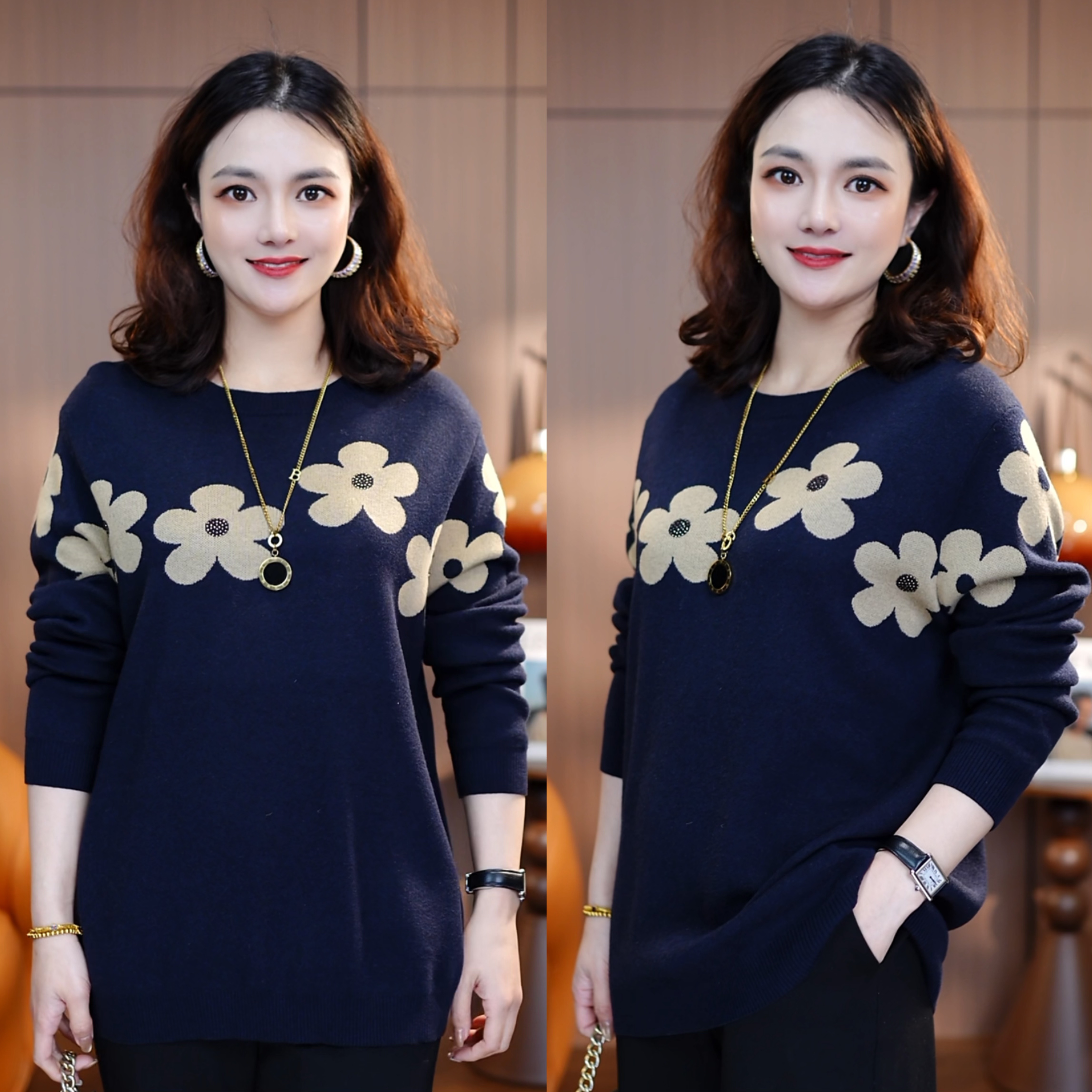 一枝春艳-妈妈装大码软糯毛针织衫女百搭冬季显瘦保暖宽松中老年