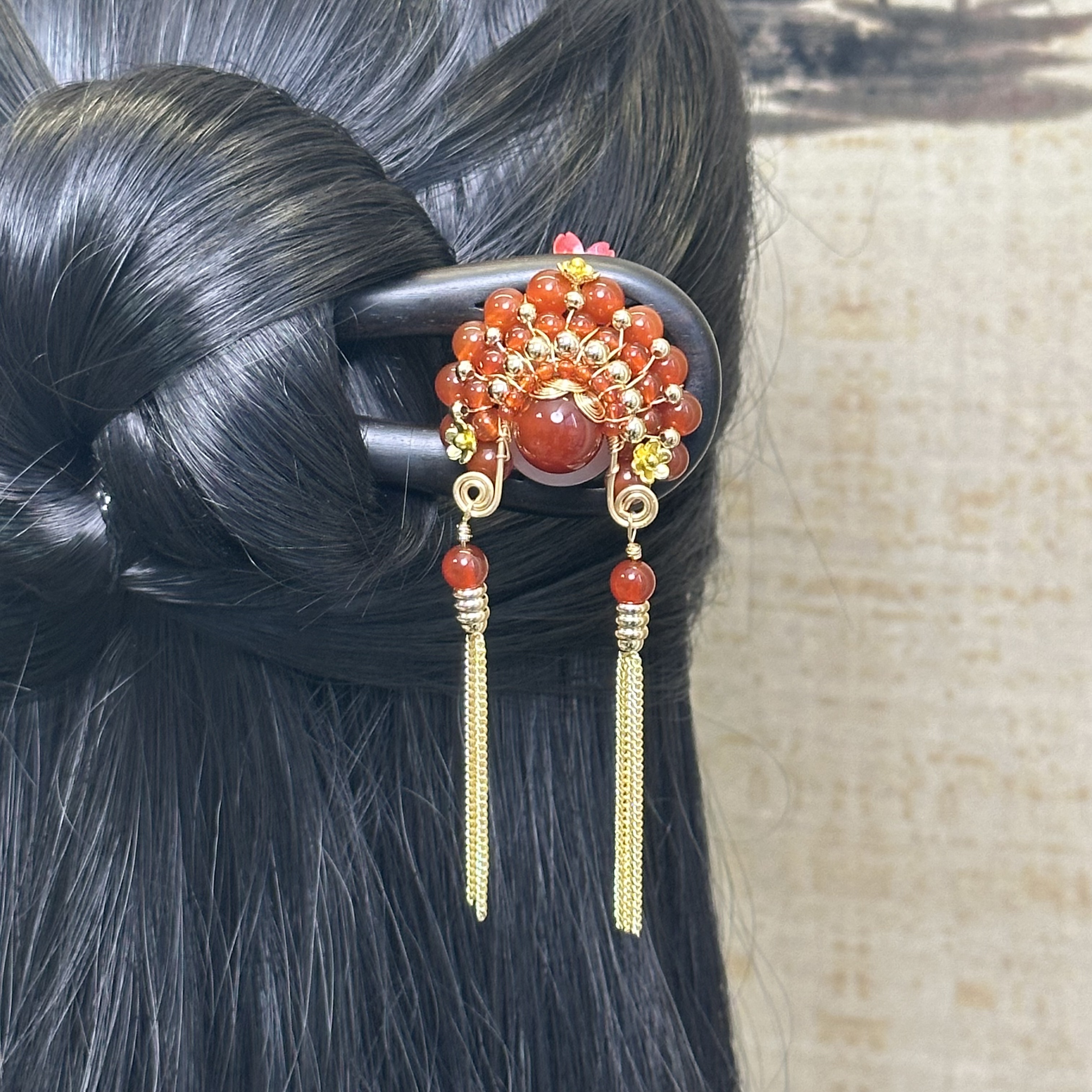 F028红刀马旦戏曲脸谱檀木发簪15公分双簪高级感爆款簪子