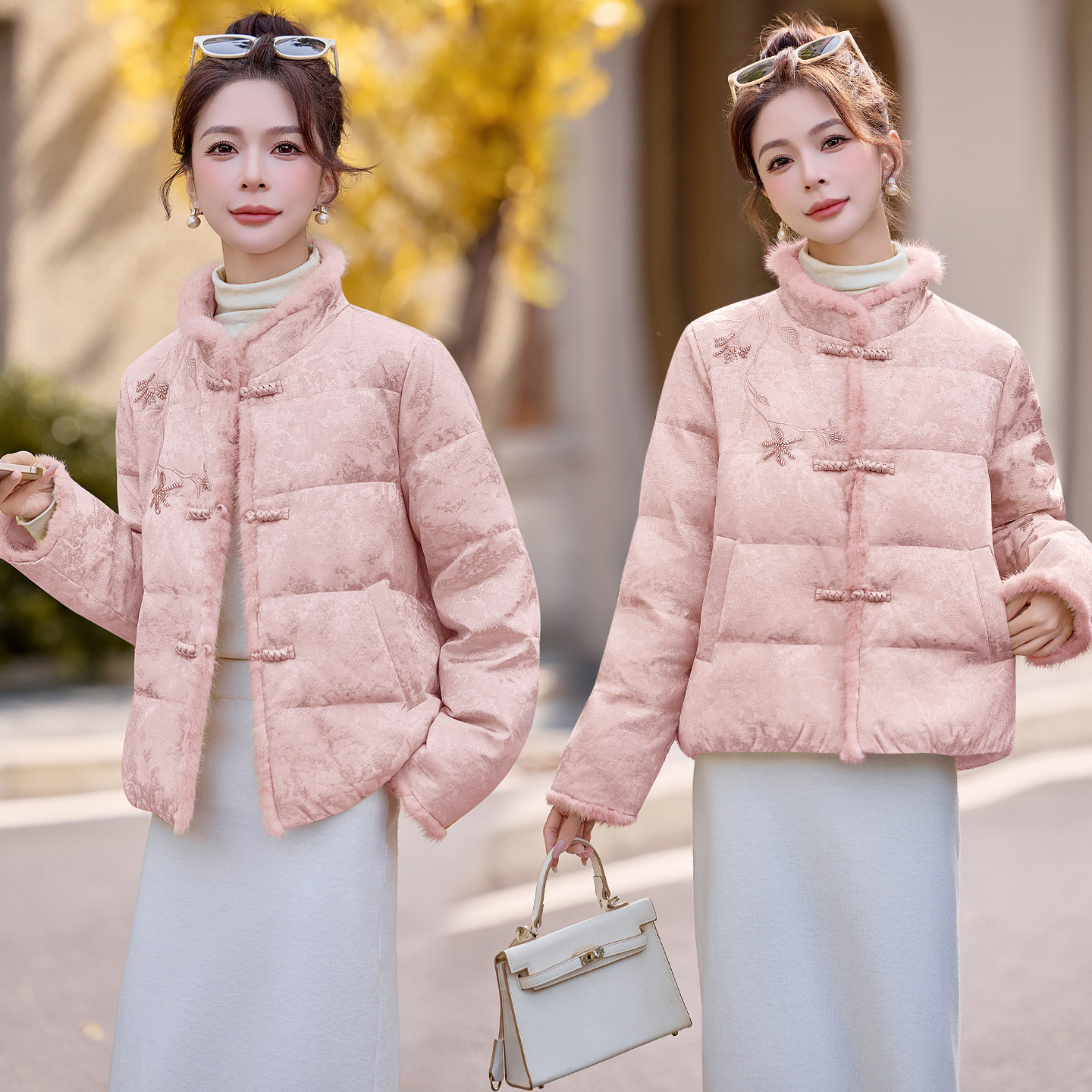 现货2025新中式水貂毛拼接手工刺绣提花气质优雅白鹅绒羽绒服