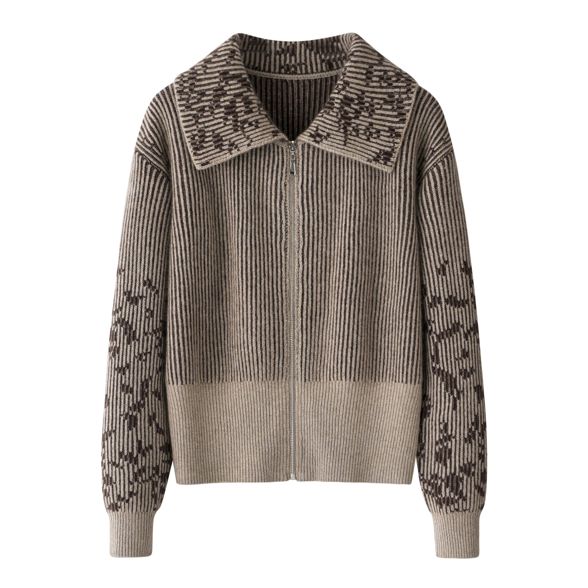 Aibulodi/阿布罗迪纯山羊绒翻领鱼鳞提花拉链开衫-R20773503