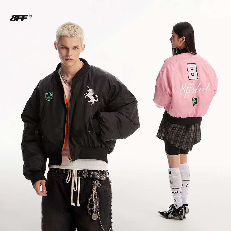8FF大不相同/双面穿徽章战马刺绣街头运动棉衣bomber加厚羽绒棉服