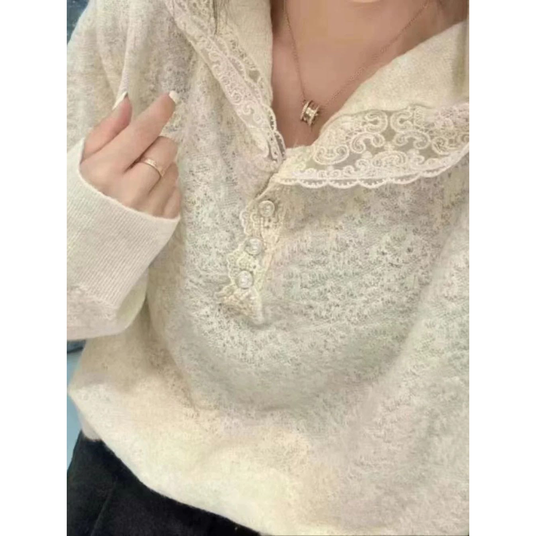 法式连帽蕾丝花边钩花上衣春季内搭高级感宽松薄针织衫