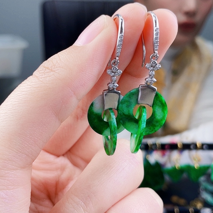 翡翠耳饰银S925镶嵌饰品